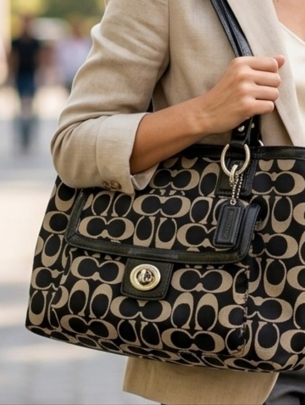 Coach Signature Jacquard Shoulder Bag in Black and Tan